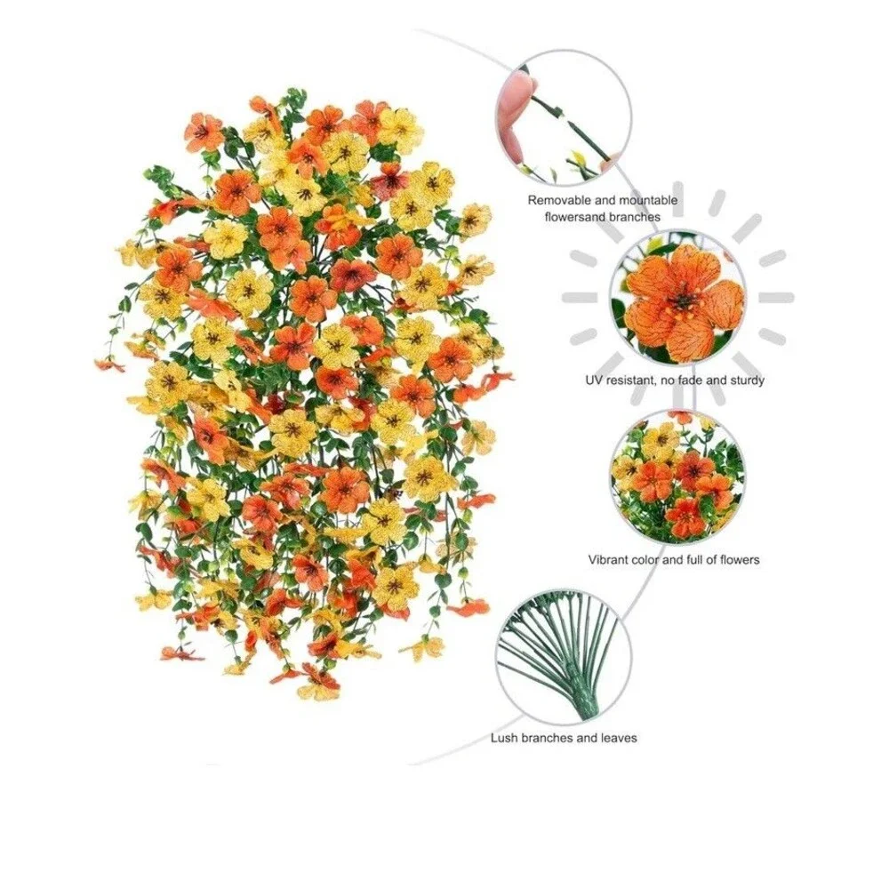 6pcs Artificial Flowers Plastic Hanging Plants Outdoor Porch Yellow & Orange